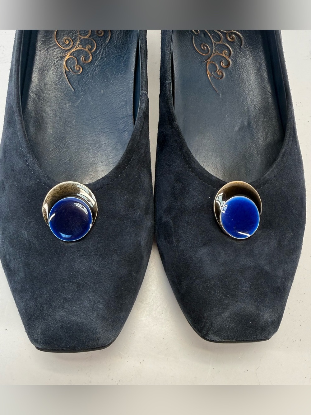 Think! Navy Blue Suede Low wedge Heel Flats with Blue jewel Accent size 10 - Picture 12 of 16